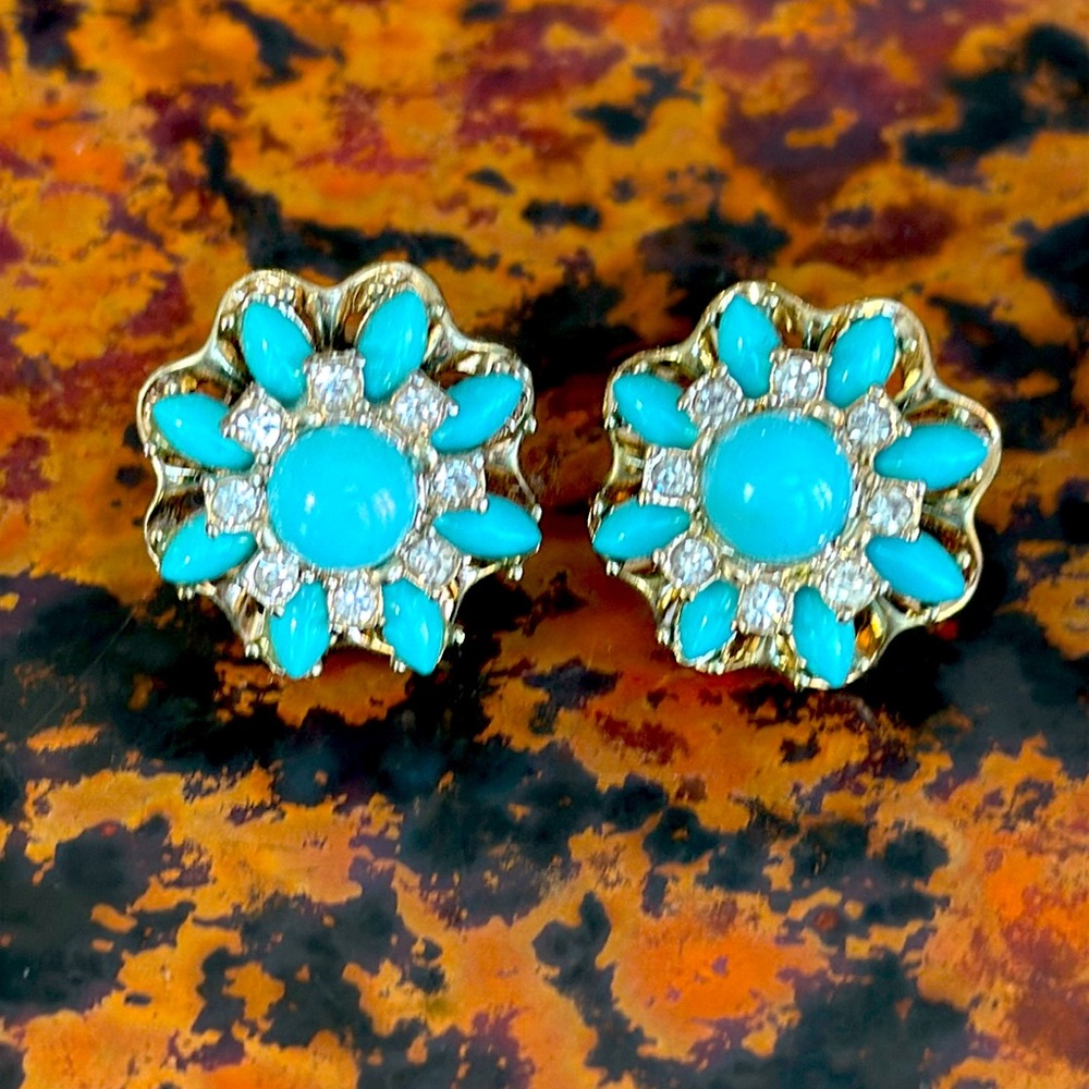 JCrew Vintage Flower Turquoise Enamel Stone Bead CZ Gem Stud GoldPlated Earring